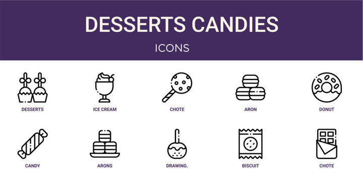 Set of 10 linear Desserts Candies icons for interface projects, presentations and web graphics. Outline symbol collection with ice cream cup, aron, candy, drawing. Illustration from desserts candies