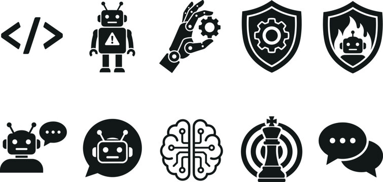 Robot icons computer code icons hand with gear and shield icons technology and chess icons for security and strategy.