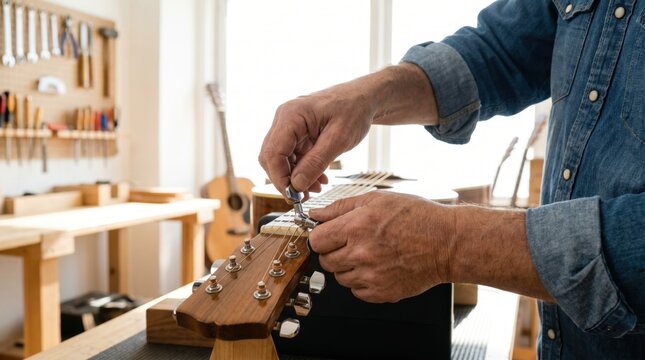 Luthier turning the tuning pegs to string an acoustic guitar on a workbench