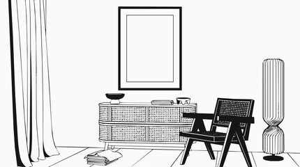 Fototapeta premium Interior mockup with a blank picture frame in a minimalist room featuring a rattan sideboard and wooden armchair in black and white line art style.