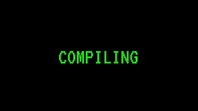 Compiling Pixel Text Animation with Neon Green Glow on Black Background. 4K Cyber Security Screen
