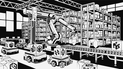Obraz premium Advanced Automated Warehouse featuring a Robotic Arm and Logistics AGVs on a Conveyor Belt inside a Large Distribution Center