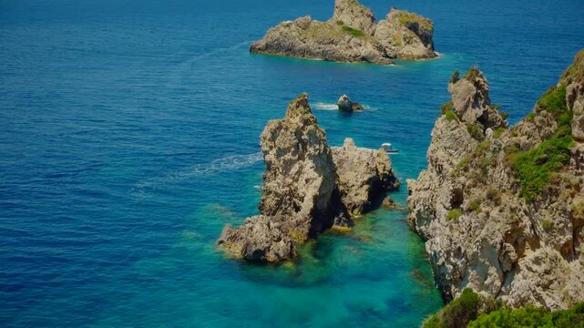 Coastal Stone Rocks And Islands In Turquoise Sea Water. Mediterranean Marine Coast Landscape