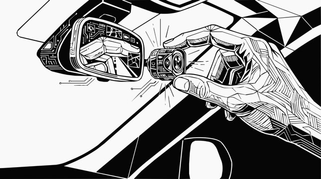 Detailed vector illustration of a high-tech dashcam being adjusted on a smart mirror, an essential car camera for vehicle security featuring a
