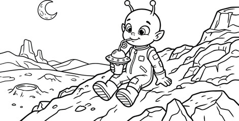 Obraz premium Cartoon alien child in space suit on a rocky lunar landscape sipping from a cup