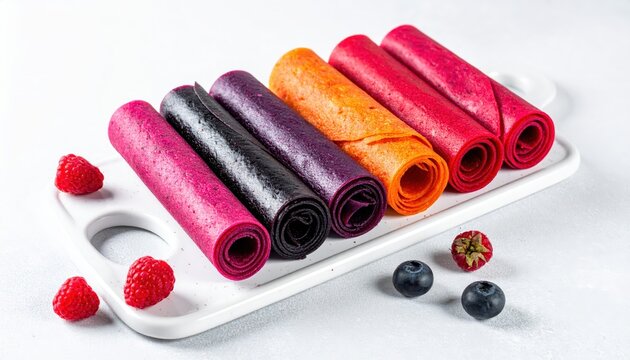 Vibrant fruit leathers made from pureed berries, rolled tightly to showcase rich, natural colors.