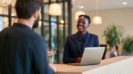 Obraz premium Smiling receptionist greeting guest at hotel reception desk with laptop