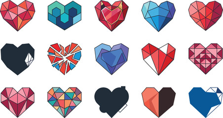 Geometric low poly heart icons vector set with crystal facets and broken shapes for Valentine day greetings wedding invitation or gaming health bar ui design © AntarChandra