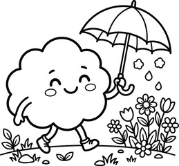 Obraz premium Cute cloud character holding umbrella in a cheerful garden scene during rain