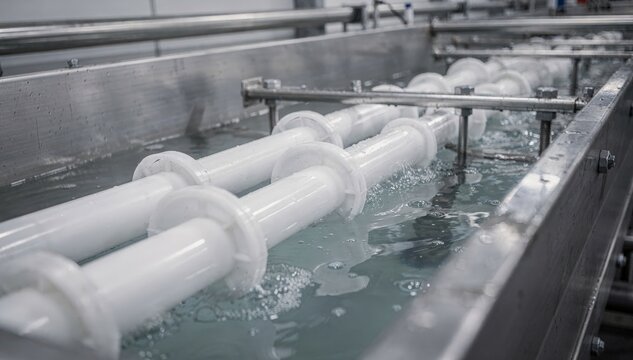 Medium shot of pipe calibration tank section with fresh pipes undergoing vacuum sizing highlighting precise shaping under controlled pressure in waterfilled tanks.