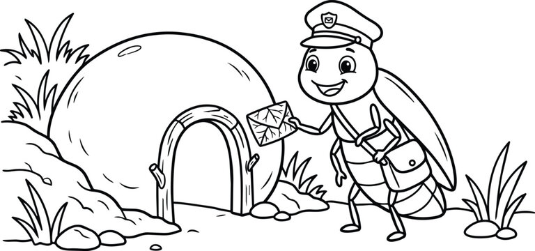 Line art postal bee delivering letter to mailbox in grassy landscape outdoor scene
