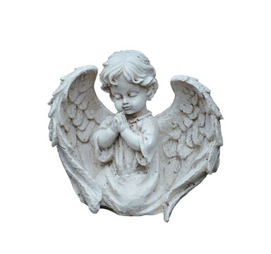 Baby angel statue isolated PNG on transparent background, cherub sculpture symbolizing innocence and heavenly beauty