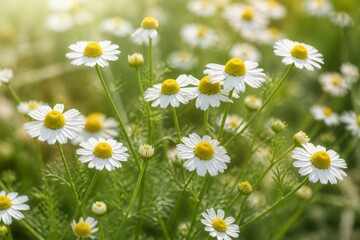 Fototapeta premium White daisies bloom with yellow centers in soft green field. Faint sunlight filters through gently blurred background. Flowers stand tall on slender stems, surrounded by feathery leaves