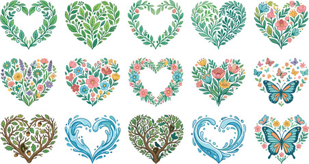 Floral heart vector icons set with green leaves flowers and butterflies for wedding invitations Mother day greeting card or eco packaging design templates © AntarChandra