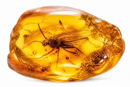 Golden amber encases a delicate ancient insect. Its wings and legs remain preserved, frozen in time. The insect's form is clear, intricate, and utterly still