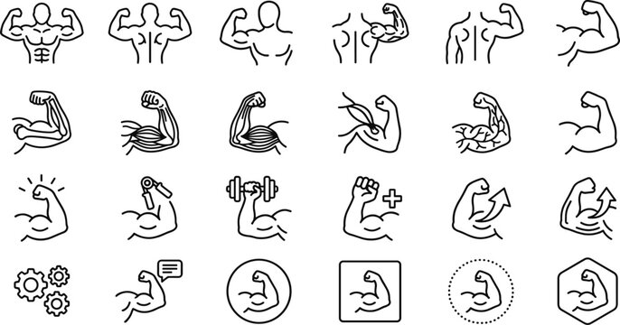 Fitness bodybuilder and strong muscle line icons set for gym bodybuilding and athletic power concepts