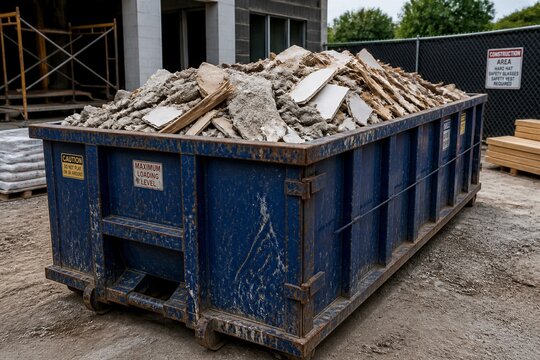 Blue dumpster holds construction debris. Concrete, wood, and rubble fill the container. Site behind fence shows active development. Ground dirt and gravel surround the bin