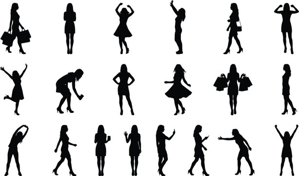 Women silhouettes set showing various poses walking shopping dancing and celebrating isolated on white background