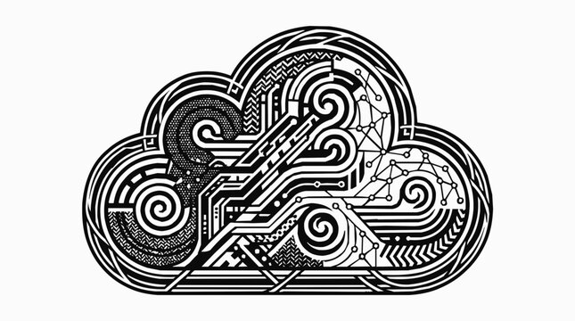 Intricate Cloud Technology Circuit Pattern in an Abstract Tribal Style for Modern Data Computing and Networking Concepts