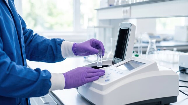 Scientist in blue uniform and purple gloves inserting a cuvette into a spectrophotometer
