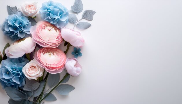 Fondo Romantico Con Flores En Tonos Pastel Azules Rosas Y Grises Sobre Fondo Blanco Concepto Celebraciones E Invitaciones De Boda Cumpleanos Aniversarios Y Dia De La Madre