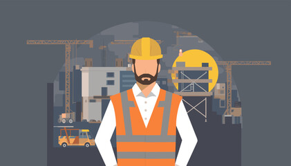 A construction worker in a high-visibility vest and hard hat stands in front of a building site with cranes and equipment. © budi