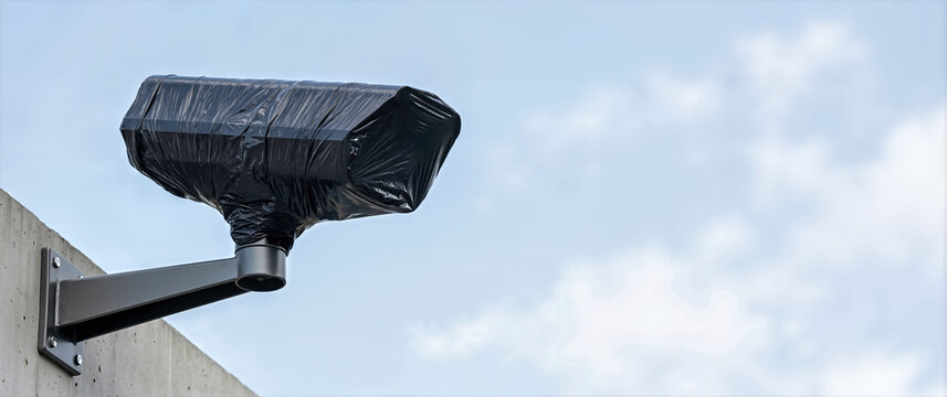 Surveillance camera wrapped in wrinkled black plastic. Security CCTV concealed on concrete wall. Disabled monitoring concept