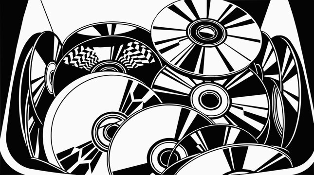 Pile of compact disc units used for digital storage and optical media data in a retro black and white high contrast graphic illustration