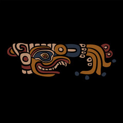 Obraz premium Head of fantastic monster. Indigenous Native American design of Mayan Indians. On black background.