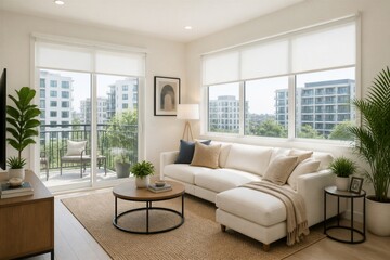 Fototapeta premium Bright, modern living room with large windows and white sofa. Natural light floods in through floor-to-ceiling glass panels. Potted plants add greenery, enhancing the serene, minimalist feel