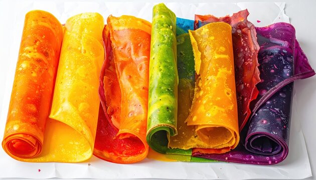 Vibrant rainbow fruit leather sheets unrolled and displayed in a delightful spectrum of colors