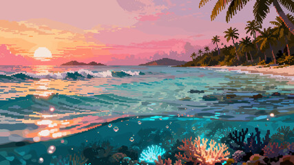Pixel art tropical beach at sunset with vibrant coral reefs visible beneath the clear turquoise water. © dono
