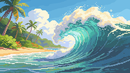 A vibrant pixel art depiction of a large, turquoise wave crashing on a tropical beach with palm trees under a bright blue sky. © dono