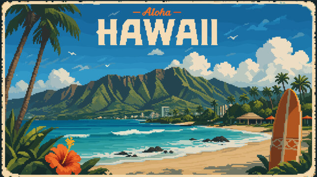 Vintage Aloha Hawaii postcard featuring Diamond Head, a tropical beach with palm trees, a surfboard, and the ocean.