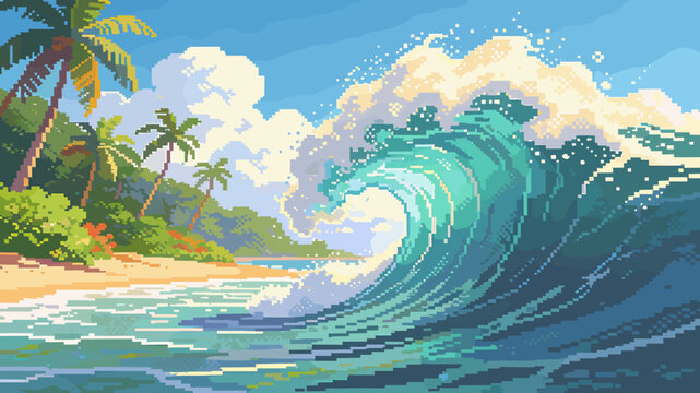 A vibrant pixel art depiction of a large, turquoise wave crashing on a tropical beach with palm trees under a bright blue sky.