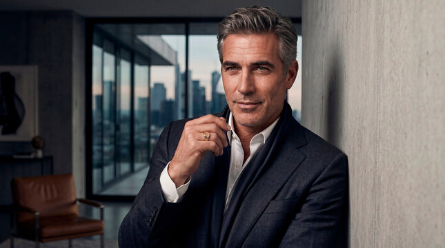 AI-generated portrait of a confident mature businessman standing in a luxury modern apartment with a city skyline in the background. Elegant corporate style, sophisticated appearance, professional exe