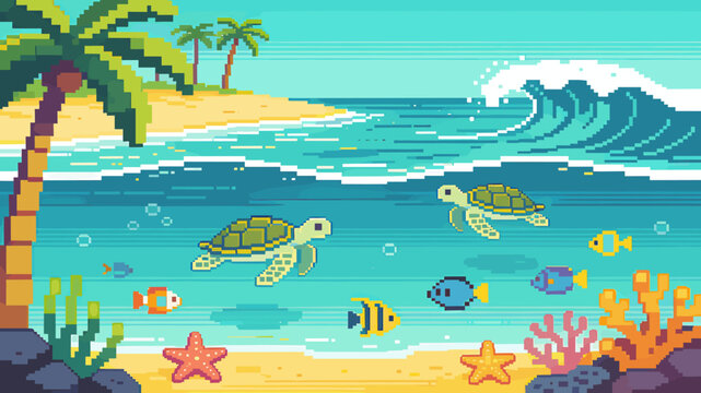 Pixel art scene of a tropical beach with palm trees, two sea turtles swimming with fish, and a breaking wave.