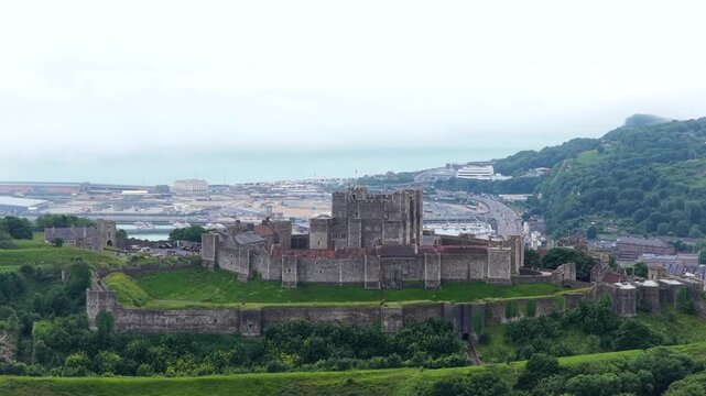 Dover Castle with Dover Town in Background Aerial 4K