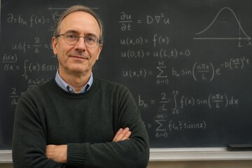 Naklejka premium Man stands before chalkboard filled with complex mathematical equations. He wears glasses and a dark sweater, arms crossed. His expression is calm and confident