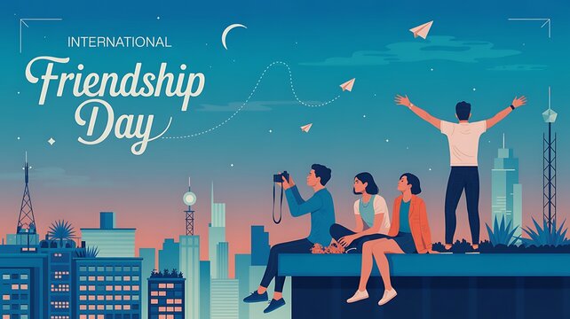 Friends celebrating international friendship day on city rooftop