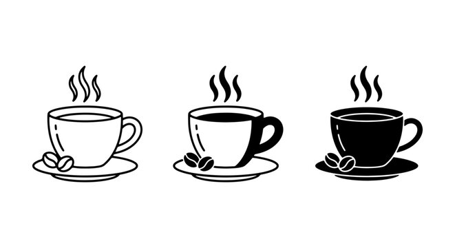 Hot Coffee Cups, Espresso Saucers, Caffeine Bean Icons. Minimalist Black and White Beverage Set. Morning Drink Vector Graphics.