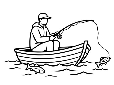 Fisherman in a boat with a fishing rod. Black and white vector outline illustration of catching fish