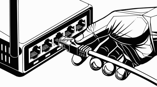 A detailed illustration of a hand plugging an Ethernet cable into a network router for a stable high-speed internet connection