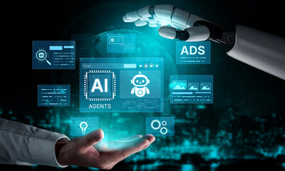Fototapeta premium AI agents dashboard supports prompt generation, monitoring, and analytics. AI agents optimize workflows, and AI agents improve decisions with real time insights. Corpus