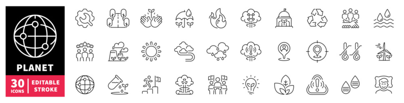 Collection of environmental and ecological icons representing global challenges and solutions