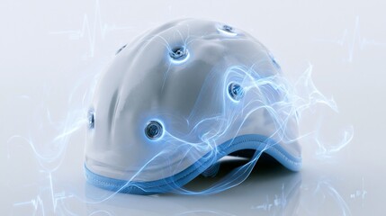 Fototapeta premium Medium shot of a sleek EEG head cap with glowing sensors and dynamic signal flows set on a white translucent background featuring subtle EEG waveform icons and clean tech design
