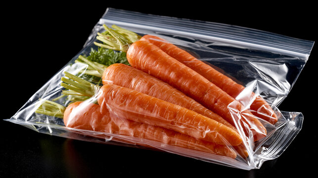 Fresh organic carrots packed in transparent plastic zipper bag on black background. Healthy raw vegetables stored in reusable zip lock pouch for storage or food preservation