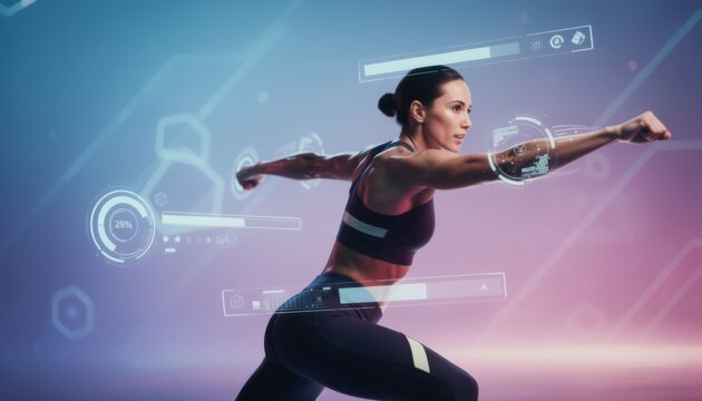 Focused medium shot of a dynamic gamified bootcamp contestant midexercise with sleek holographic progress indicators softly fading into a neon gradient background