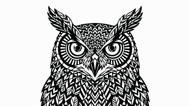 Detailed Owl Head Illustration Featuring Intricate Tribal Mandala Patterns and Geometric Line Art for Tattoo or Decorative Design