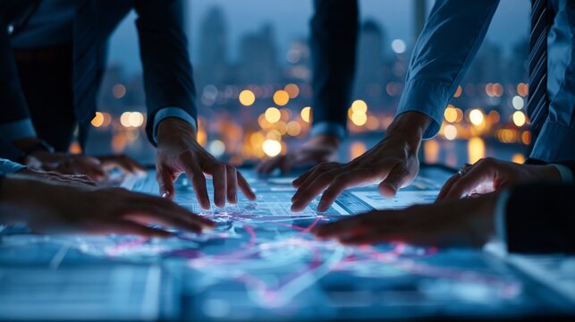 Maritime finance professionals discuss rate charts and vessel routes on an interactive table panoramic harbor skyline blurred in the background to emphasize collaborative strategy